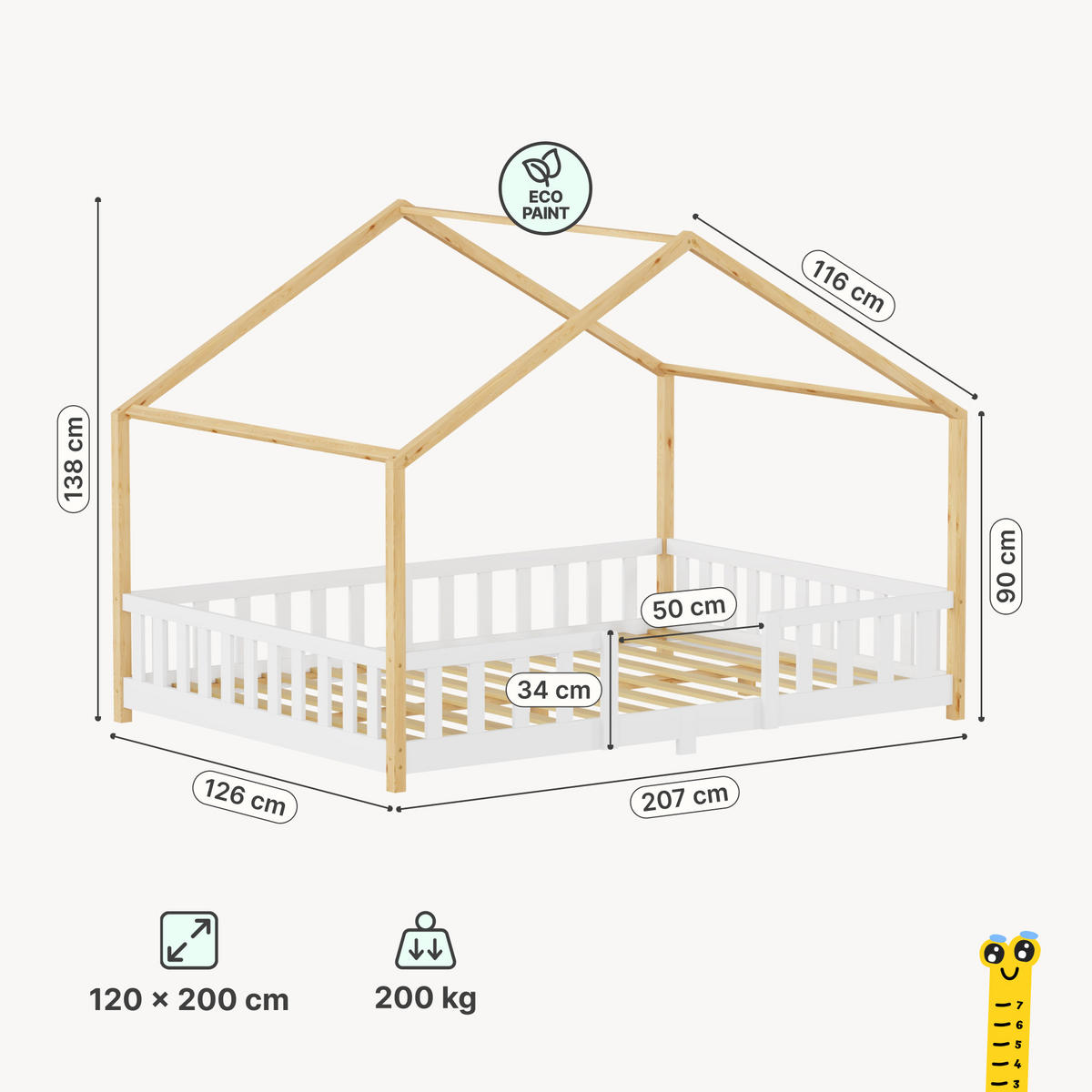 HAUSBETT Treviolo - Weiß/Naturfarben, Holz (120/200cm) - [en.casa]