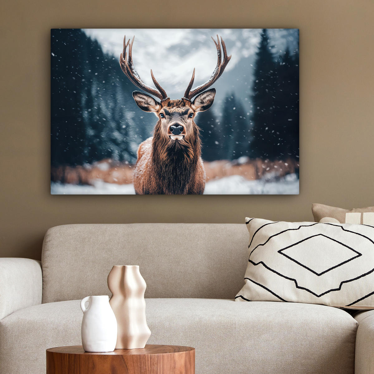 LEINWANDBILD Hirsche - Tiere - Landschaft - Winter - Schnee Gemälde 60x40 cm - Kastanienfarben, Textil (60/40cm) - MuchoWow