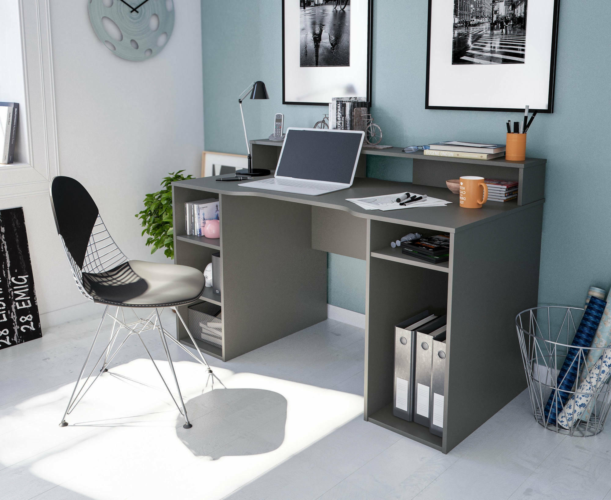 Thumbnail - Dmora Schreibtisch, Schwarz, Holzwerkstoff, 5 Fächer, 136x88x67 cm, Arbeitszimmer, Schreibtische, Bürotische