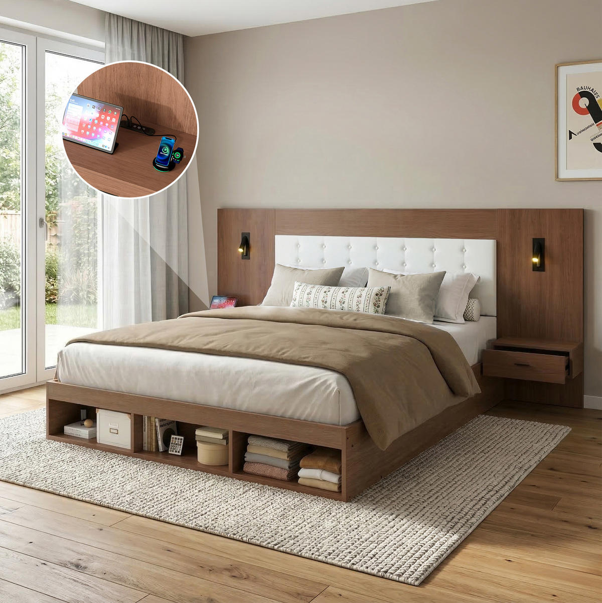 DOPPELBETT 180/200 cm aus MDF mit USB- und Type-C-Anschluss, Leselampen, 2 Nachttischen und Stauraum, Walnuss - Nussbaumfarben, Holzwerkstoff (180/200cm) - Redom
