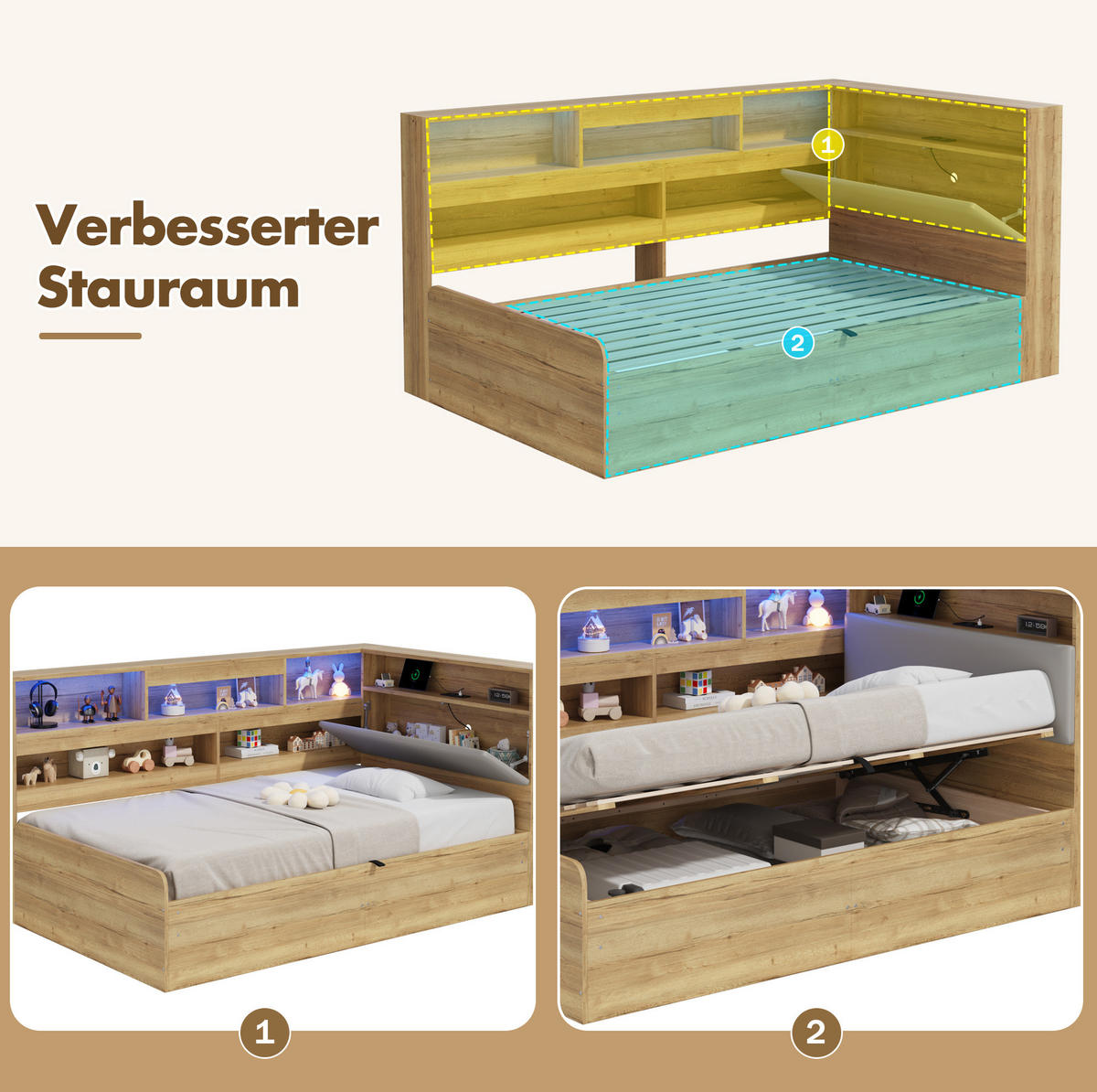 KINDERBETT 90/200 cm aus MDF und PU mit LED-Beleuchtung und USB-Ladestation Naturfarben - Naturfarben, Holzwerkstoff (90/200cm) - Modenvie