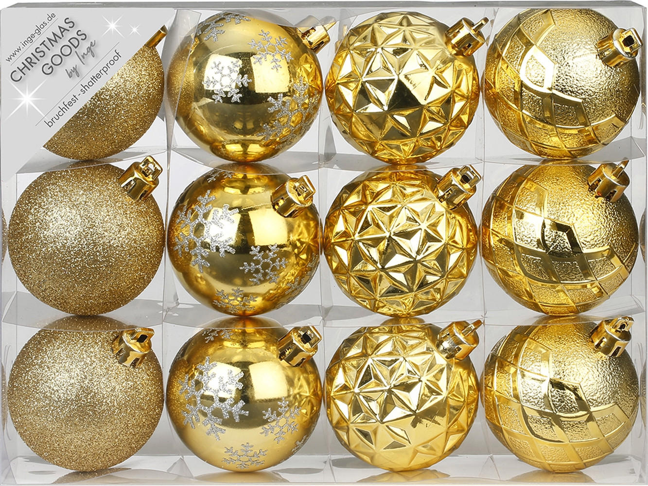 CHRISTBAUMKUGEL-SET 12 Ornamenten: runde Goldmischung 6 cm - Goldfarben, Kunststoff (0.01/1/0.01cm) - LAALU