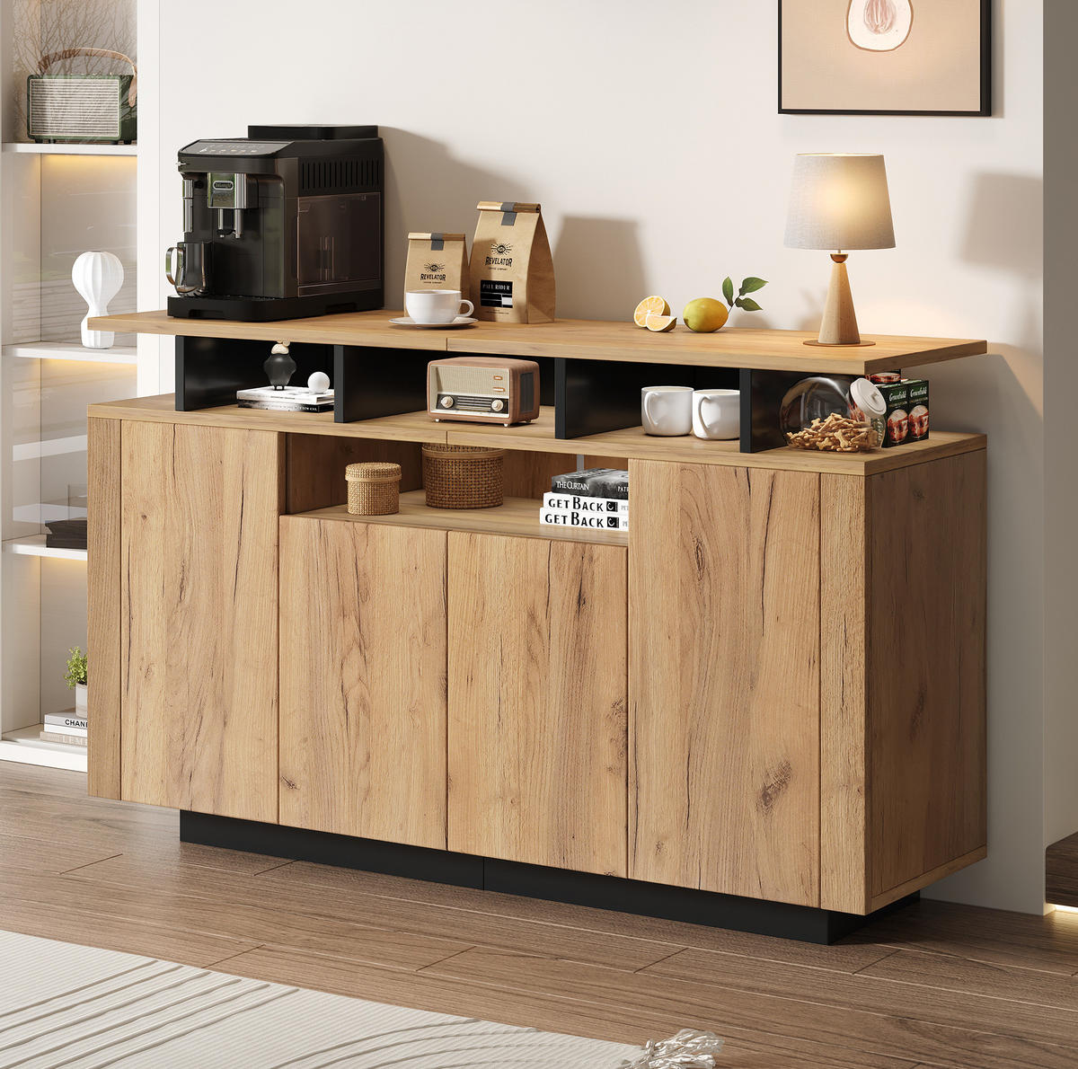 SIDEBOARD in Natur und Schwarz 140x40x85 cm mit 4 Türen und 3 offenen Fächern - Naturfarben, Holzwerkstoff (40/85/140cm) - IVMEU