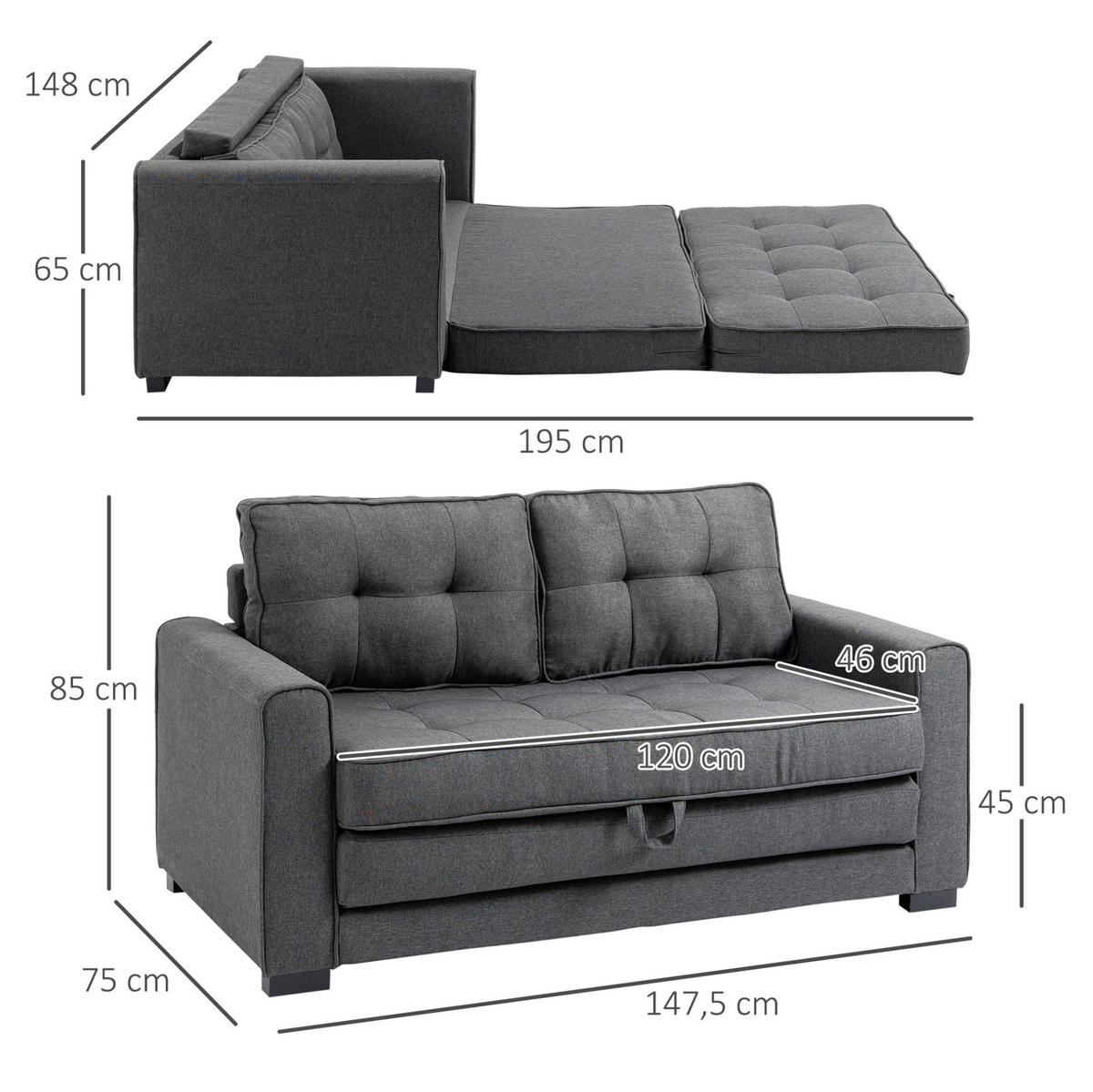 SCHLAFSOFA ausziehbar 147,5 x 75 x 85 cm Grau - Grau, Holzwerkstoff (147.5/85/75cm) - Meubliv