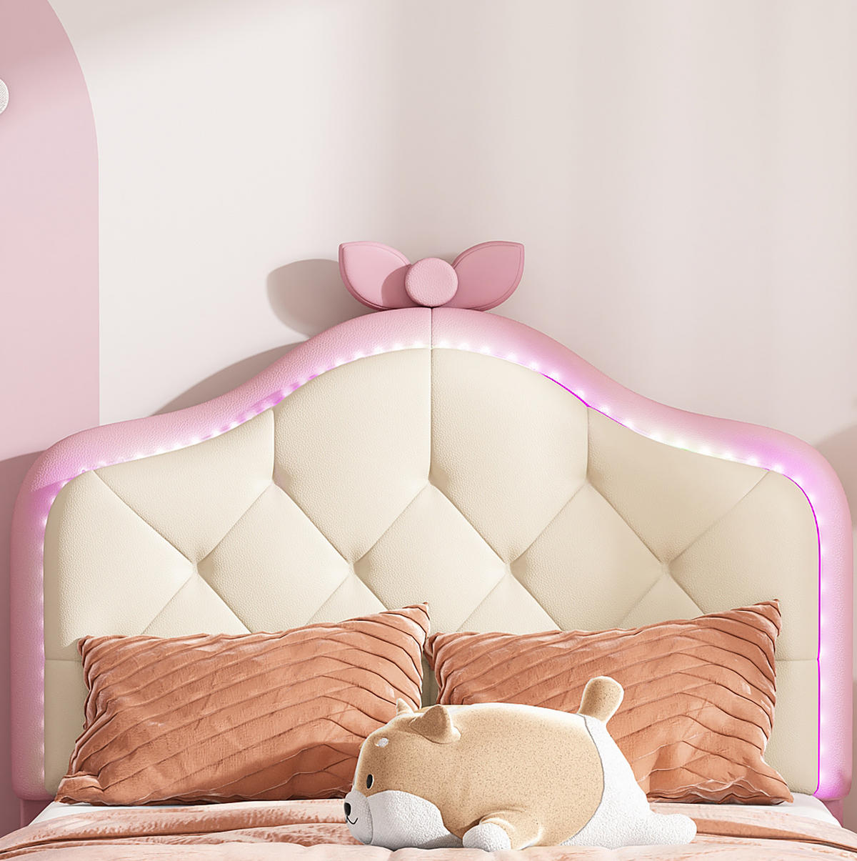 POLSTERBETT 90/200 cm mit LED-Beleuchtung, Wellen-Kopfteil und Schleife aus PU, Rosa/Weiß - Weiß, Kunststoff (90/200cm) - Redom