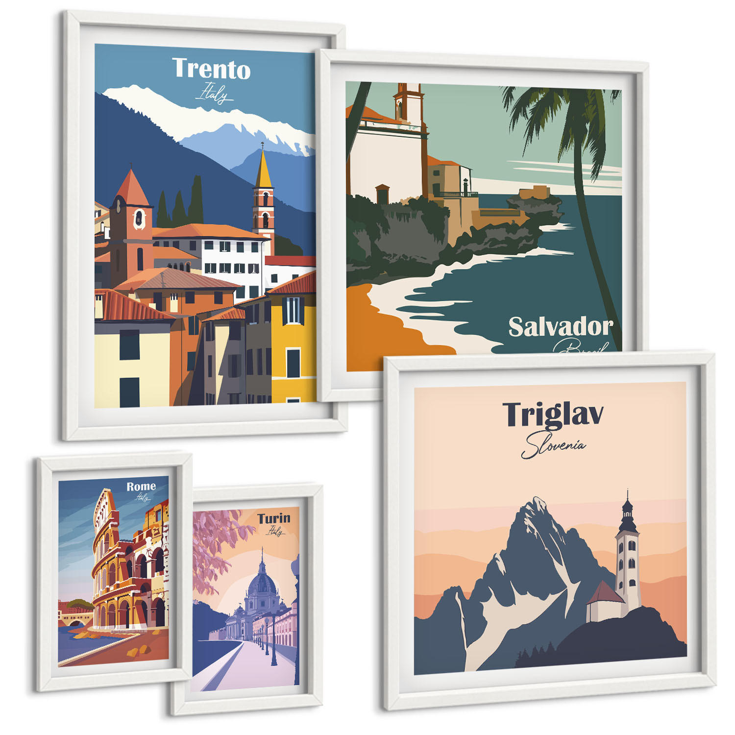 BILDER SET 5er Set - 50x50 cm & 20x30 cm & 40x60 cm Weißer Rahmen - Blicke auf berühmte Orte am Meer - Weiß, Kunststoff (40/60cm) - TULUP