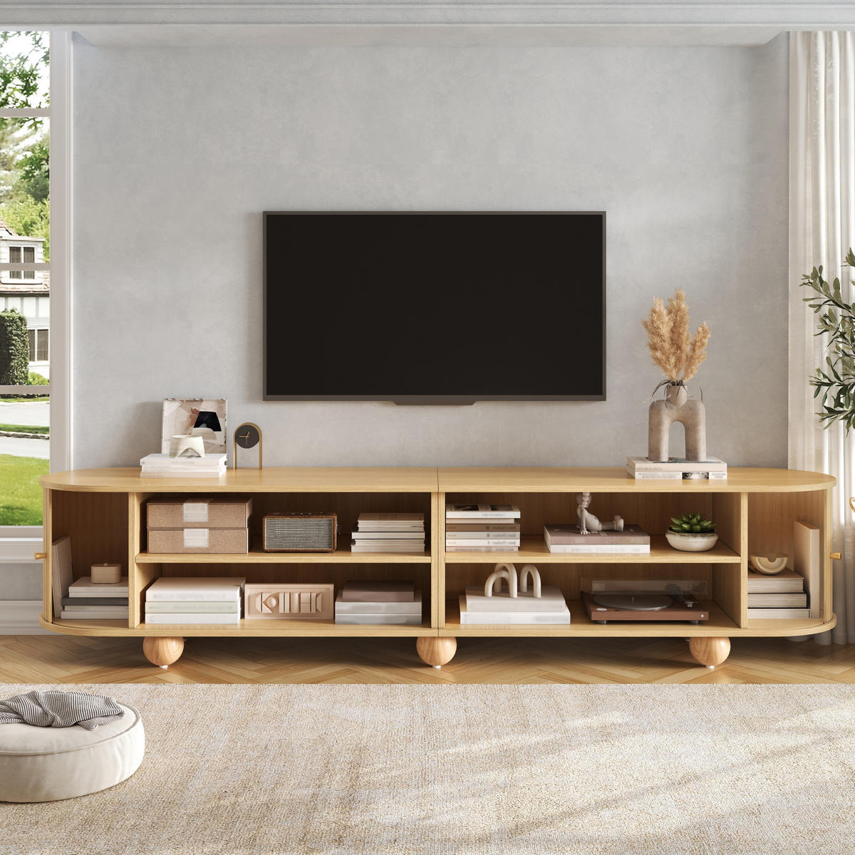 TV-LOWBOARD Rund Rillenoptik Schiebetüren Retro Kugelfüße - Naturfarben, Holzwerkstoff (180/45/35cm) - FLIEKS