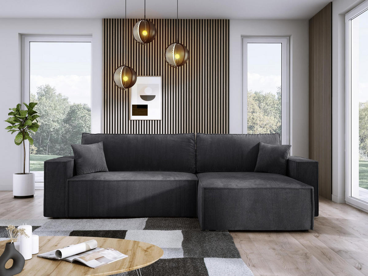 ECKSOFA POSO XL UNIVERSAL, Schlaffunktion und Lattenrost - L-Form, Cord, Federung auf Wellfedern, 274x143x83 cm, Rechts Graphite - Graphitfarben, Holz/Textil (277/143cm) - DomoHome