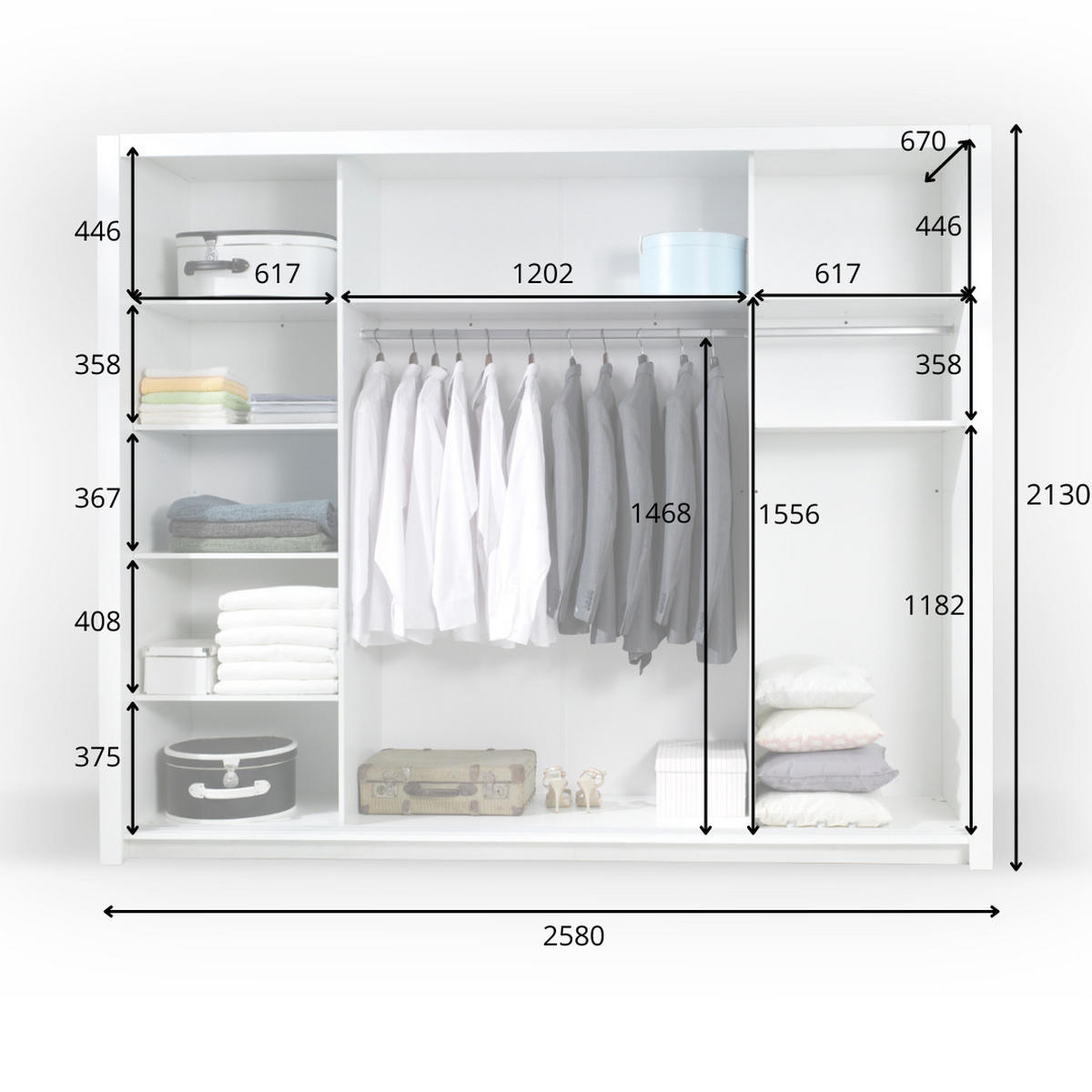 SCHIEBETÜRENSCHRANK PAVORA - 258 ×213×67 cm 3 Türen Alpinweiß / Weiß Hochglanz - Weiß, Holz/Holzwerkstoff (258/213/67cm) - Milaros Markt