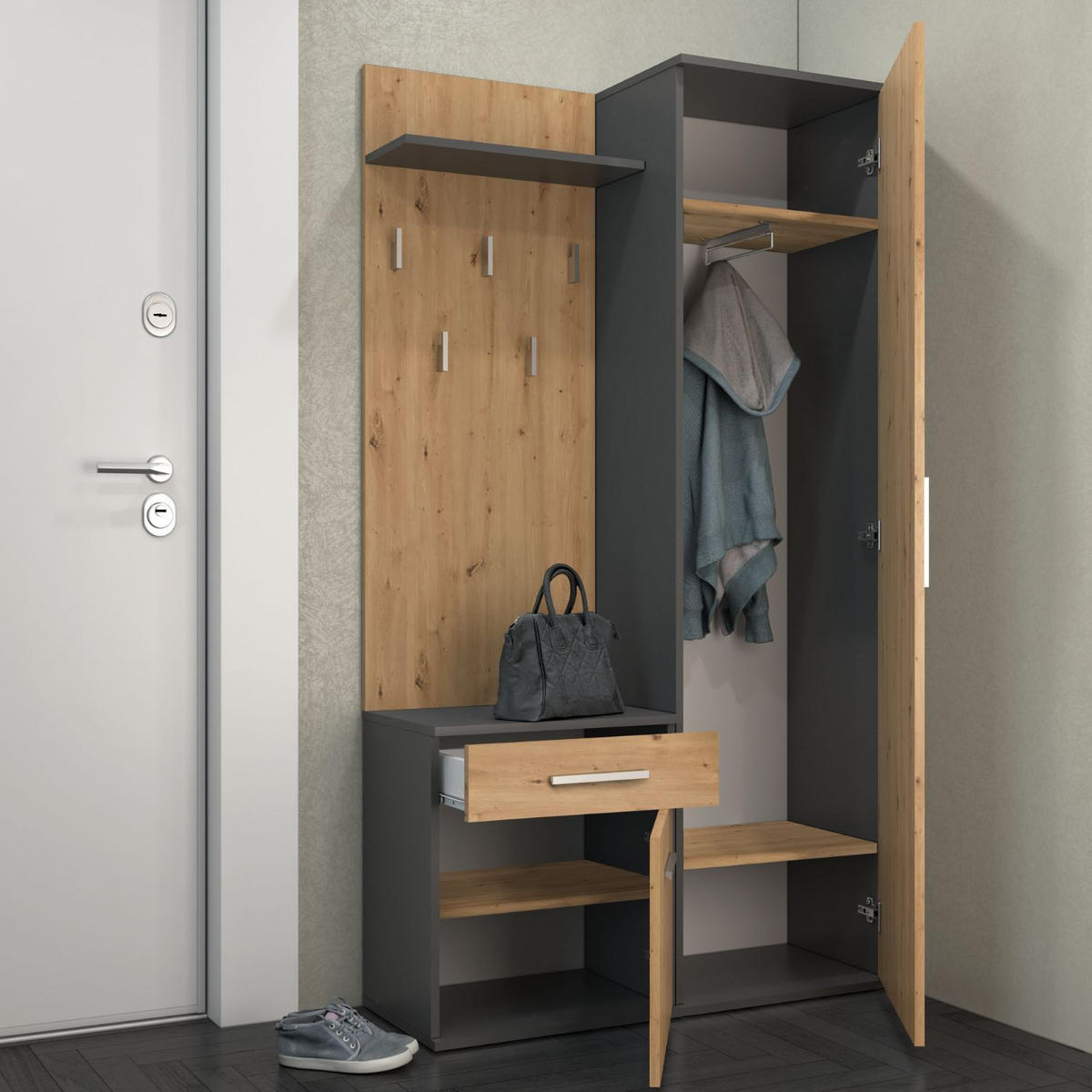 GARDEROBENSET Gustav (3-teilig) - Eichefarben/Anthrazit, Holzwerkstoff (50/180/35cm) - kommodly