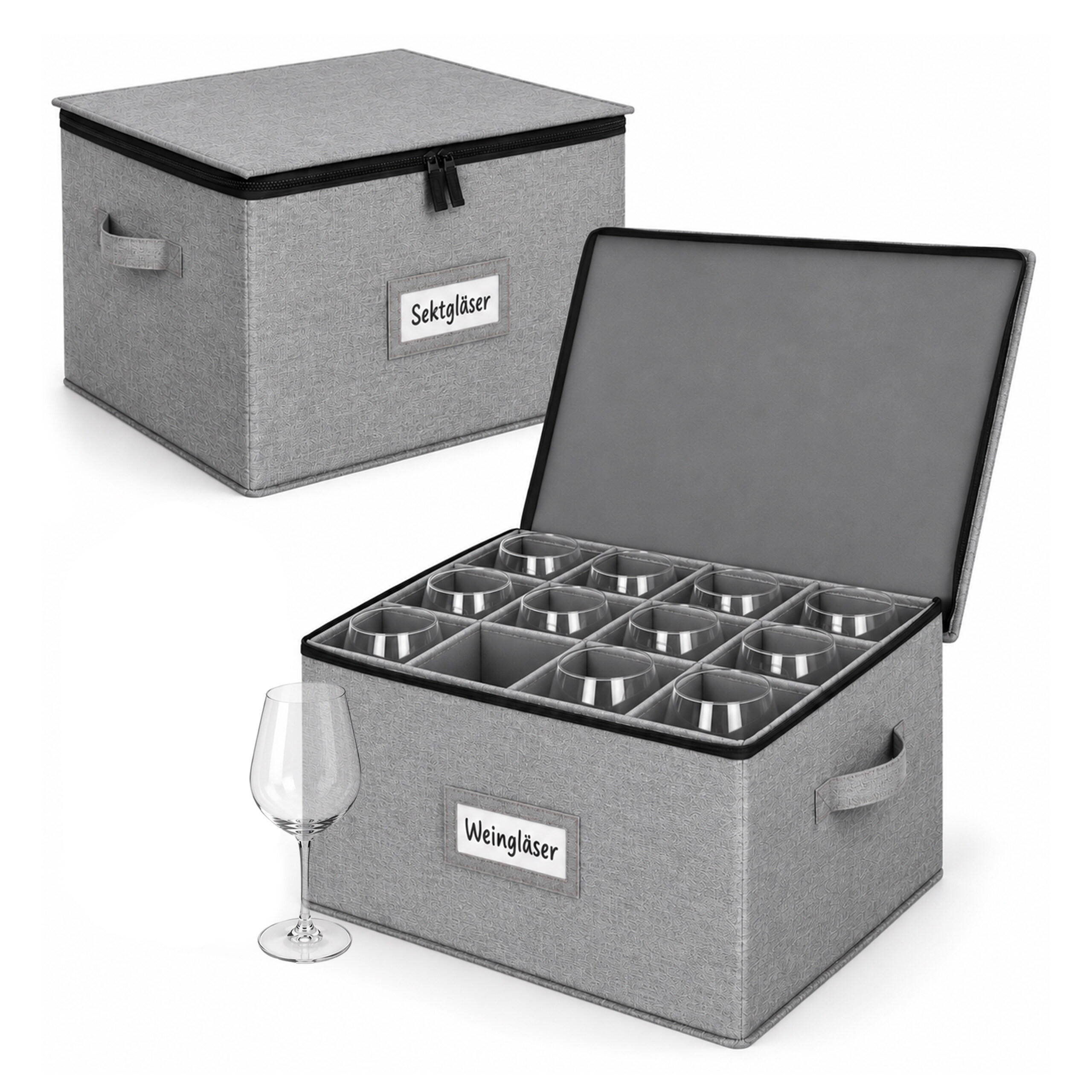 AUFBEWAHRUNGSBOX Grau 2er-Set für Gläser mit Trennwänden - Grau, Wellpappe/Kunststoff (41.5/27/34cm) - Relaxdays