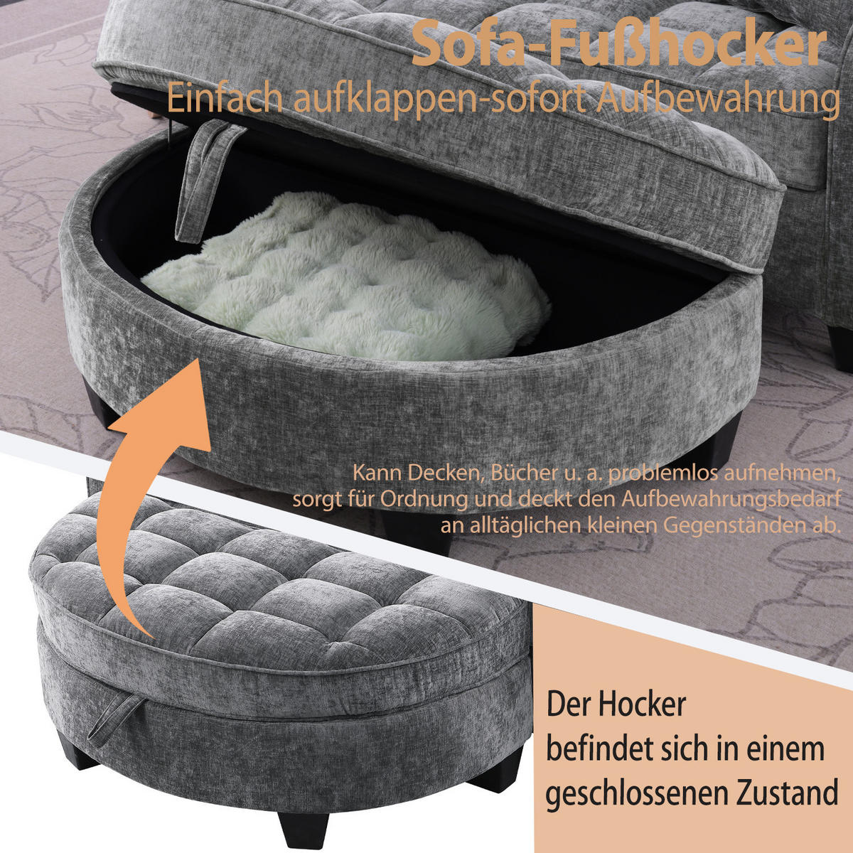 SCHLAFSOFA 2 in 1 Sofa mit Schlaffunktion, Hocker und Stauraum Stoffbezug Grau - Grau, Textil (129/93/132cm)