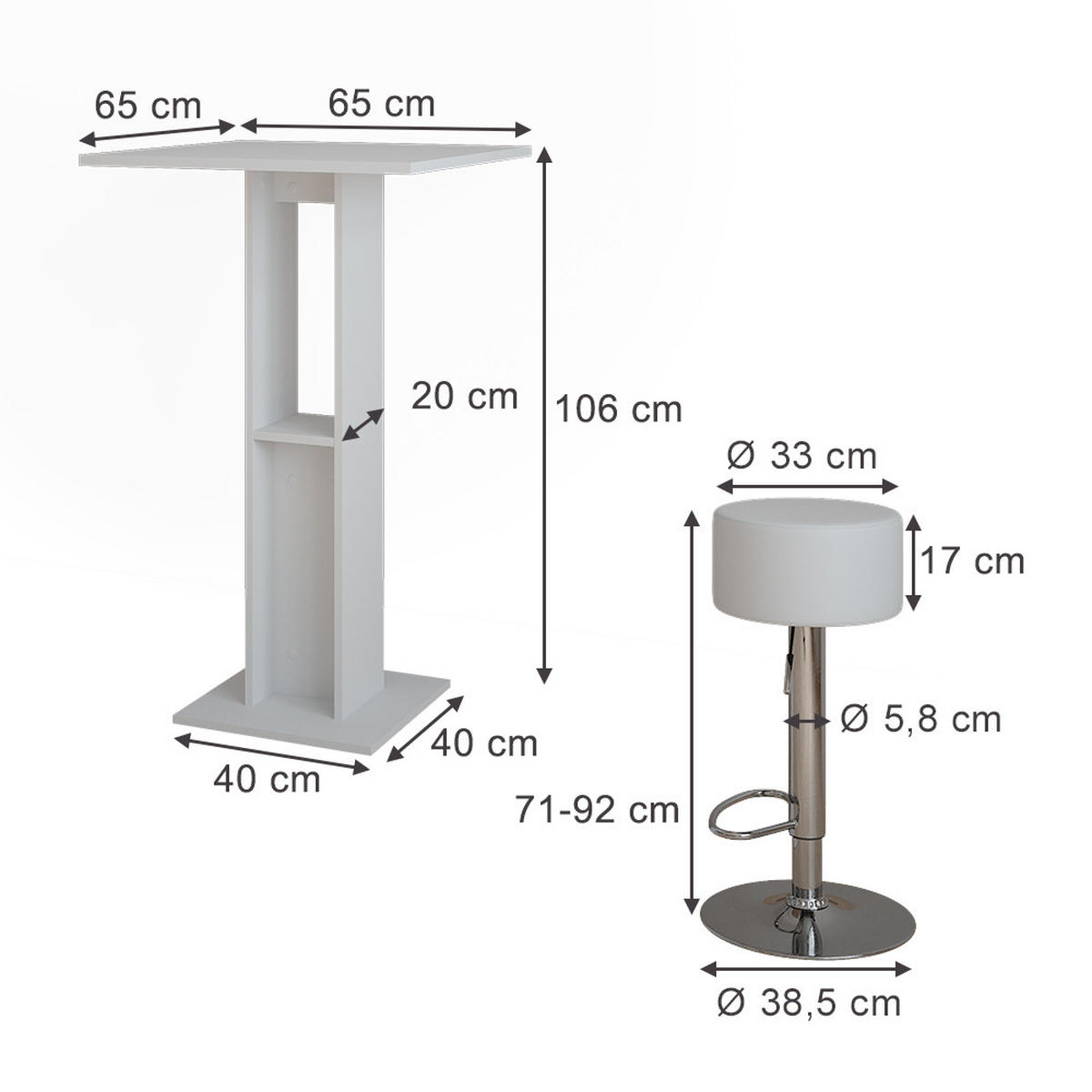 STOJACÍ BAROVÝ STŮL SE ŽIDLEMI Repose Bílá - bílá, kompozitní dřevo (65/65/106cm) - Vicco