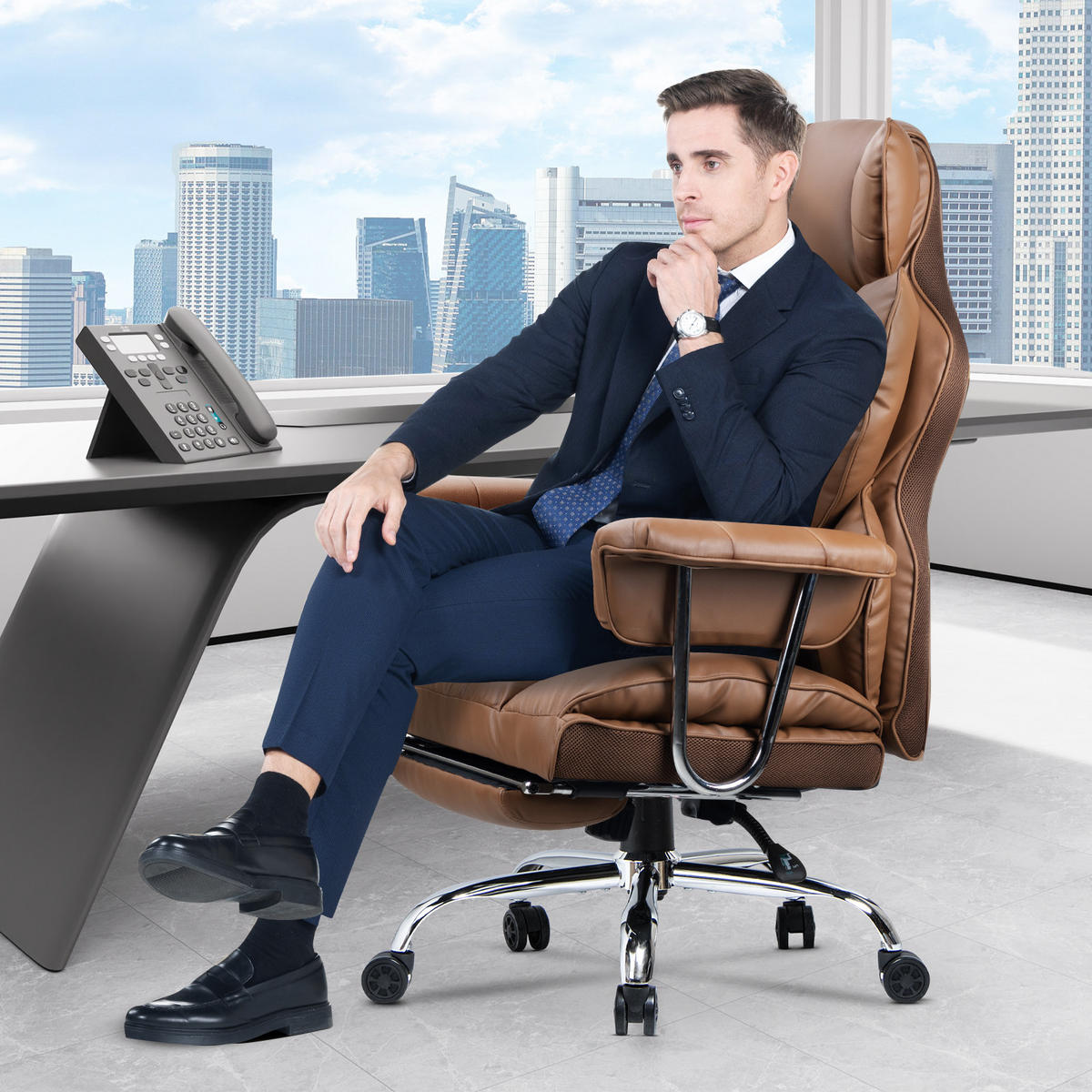 CHEFSESSEL ergonomisch, Leder, Fußstütze – Braun - Braun, Metall (58/128/50cm) - Rattantree