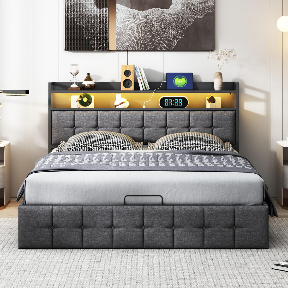 POLSTERBETT 140x200 cm, Grau, LED-Beleuchtung, Leinen - Grau, Textil/Metall (140/200cm)
