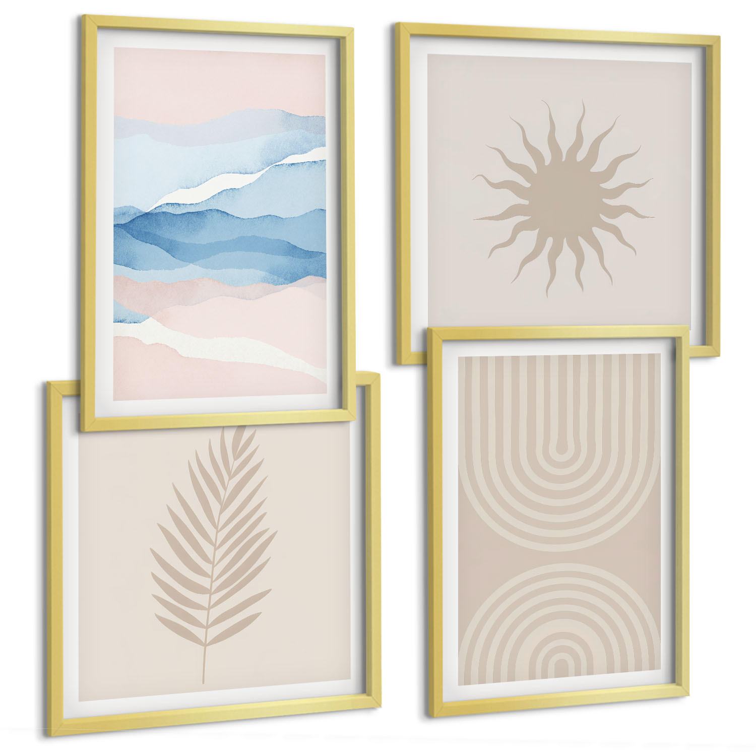 BILDER SET 4er Set - 50x50 cm & 40x60 cm Goldrahmen - Abstrakte Linien der Sonnenwellen - Goldfarben, Kunststoff (50/50cm) - TULUP