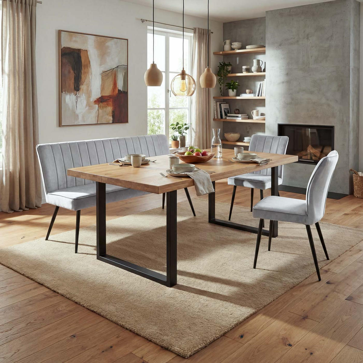 ESSZIMMER-SET Hellgrau 3er-Set - Hellgrau, Textil (160/90/64cm) - MCW