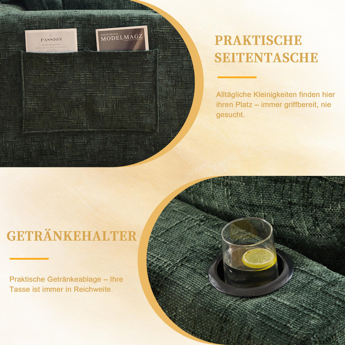 ECKSOFA 256/161/75 cm grün aus Chenille mit Seitentaschen - Grün, Textil (161/256cm) - OKWISH