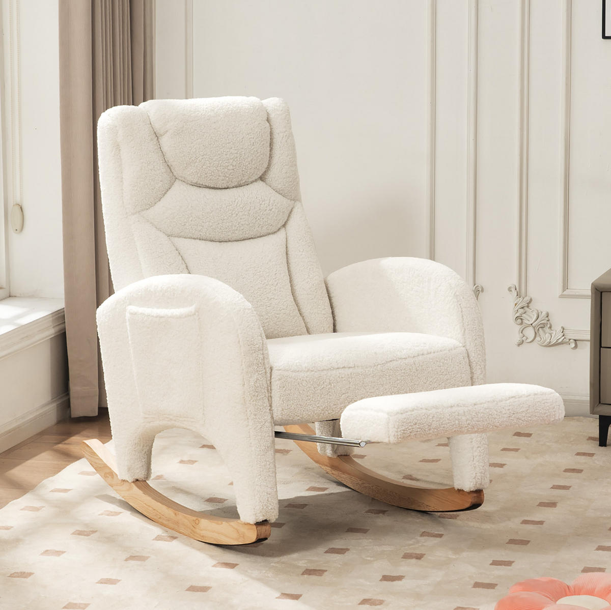 SCHAUKELSTUHL Teddy-Stoff mit klappbarem Fußhocker und Kopfstütze 66/125/101 cm Weiß - Weiß, Textil (125/101/66cm) - Redom