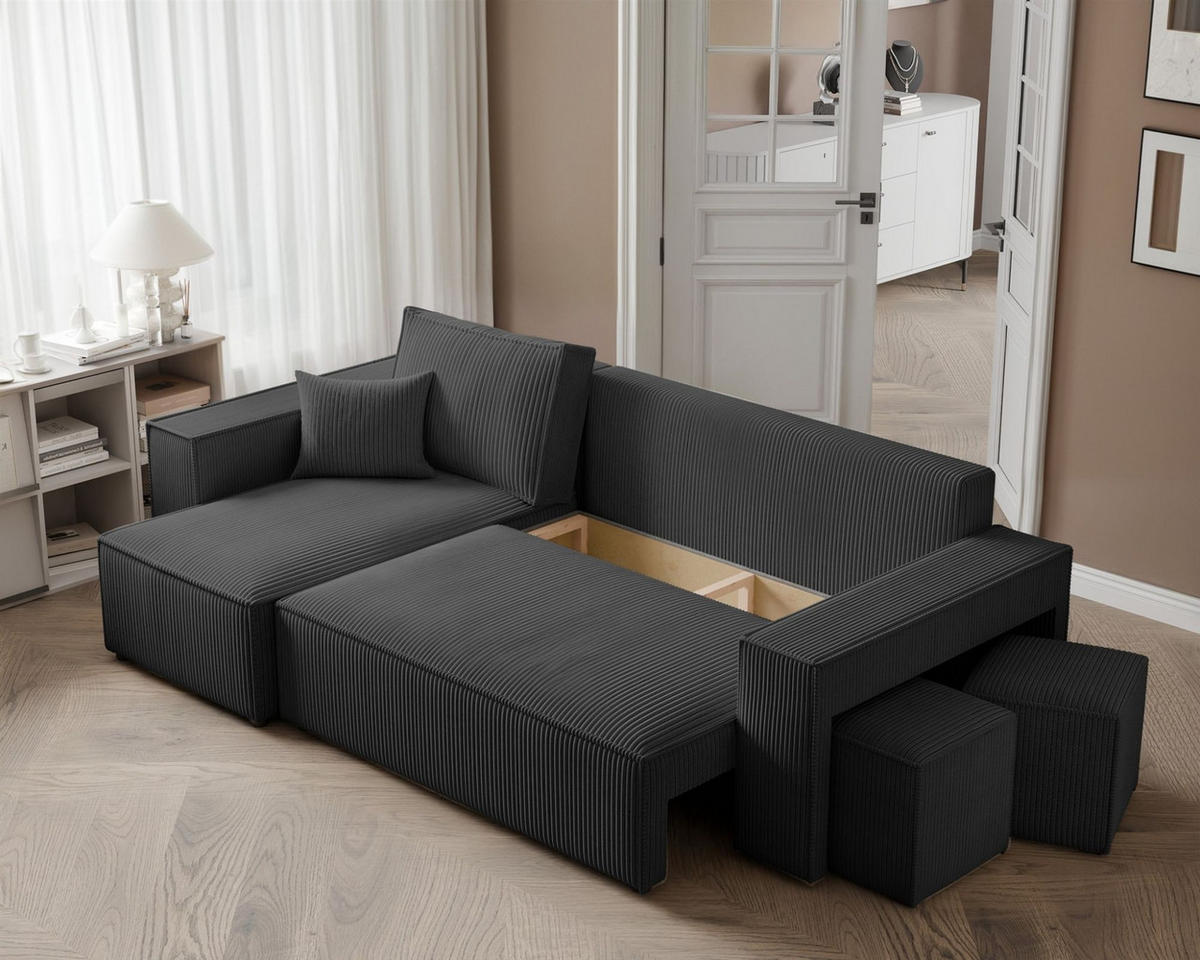 ECKSOFA Adara Inkl. Hocker - Schwarz, Holzwerkstoff/Textil (262/145cm) - Fun Möbel