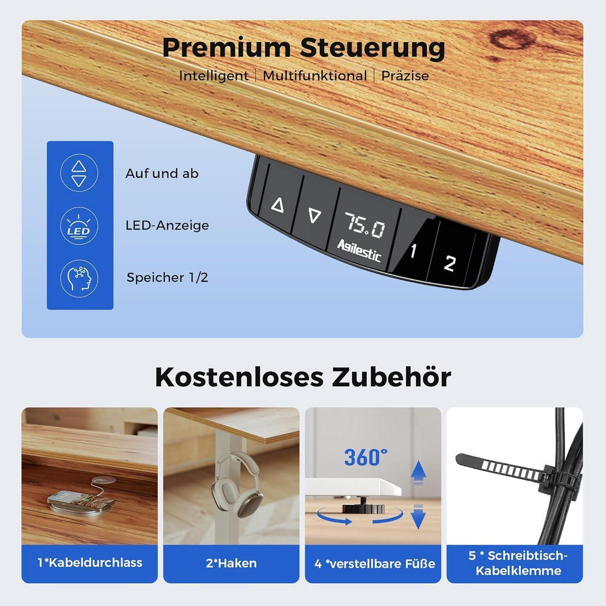 SCHREIBTISCH Höhenverstellbar Elektrisch 160 x 60 cm Hellbraun - Braun, Holzwerkstoff (160/60/75cm)