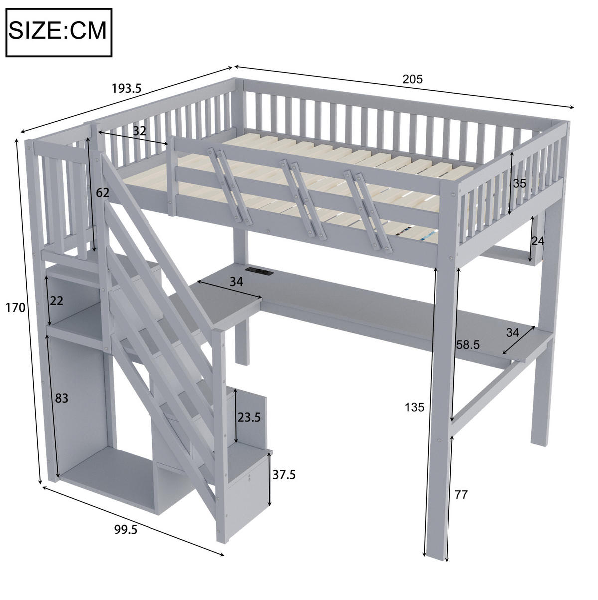 HOCHBETT 140x200 cm Grau mit Schreibtisch, Stauraumtreppe, LED-Beleuchtung und Steckdosen - Grau, Holz (140/200cm) - IVMEU