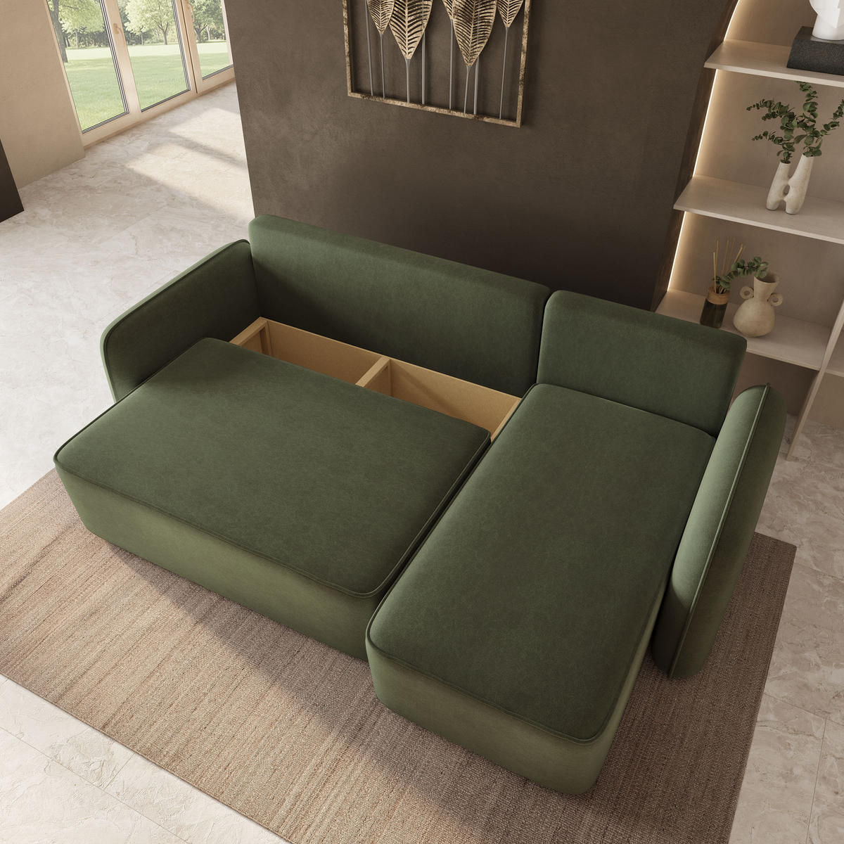 ECKSOFA DOLVER CL Olivgrün Samtstoff mit Schlaffunktion - Olivgrün, Holzwerkstoff/Textil (238/156cm) - MASSENO