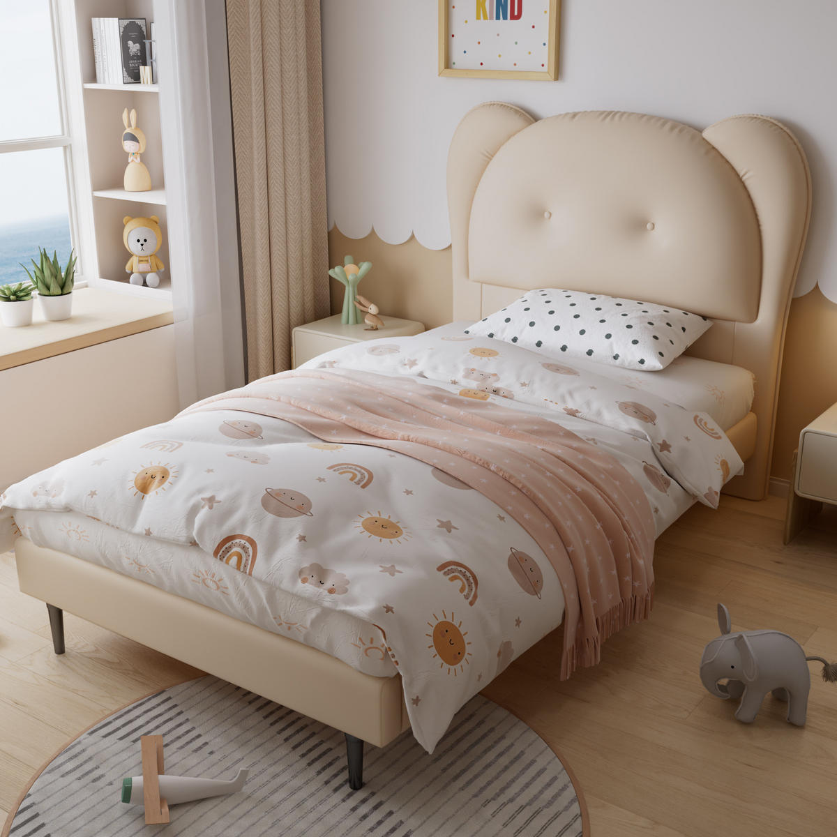 ČALOUNĚNÁ postel 90/200 cm, PU, béžová, s roztomilým zvířecím čelem - béžová, plast (90/200cm) - BEAOK