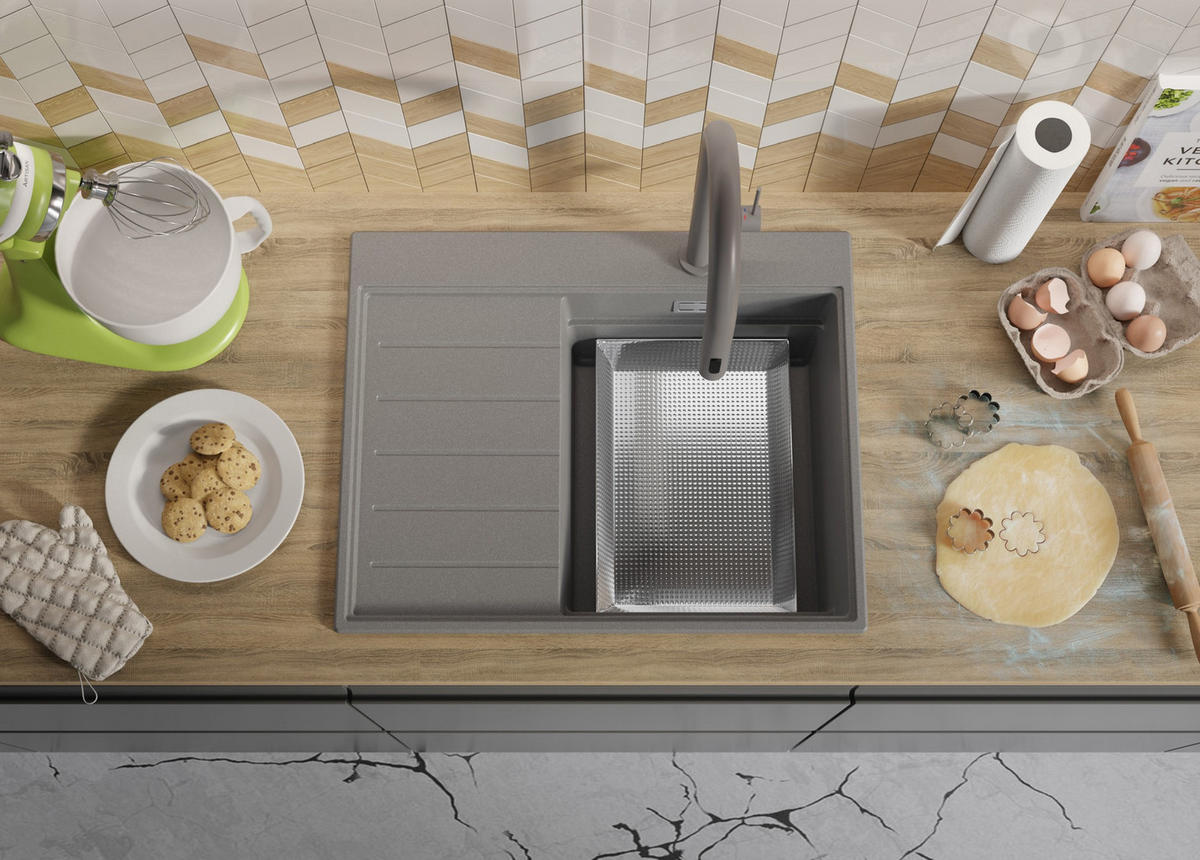 SPÜLBECKEN Sydney, 2-er set Grau 62/50 cm 1 Becken + Ablauf-Set + Küchenzubehörset ab 40er Unterschrank - Chromfarben/Beige, Kunststoff (62/20/50cm) - Primagran
