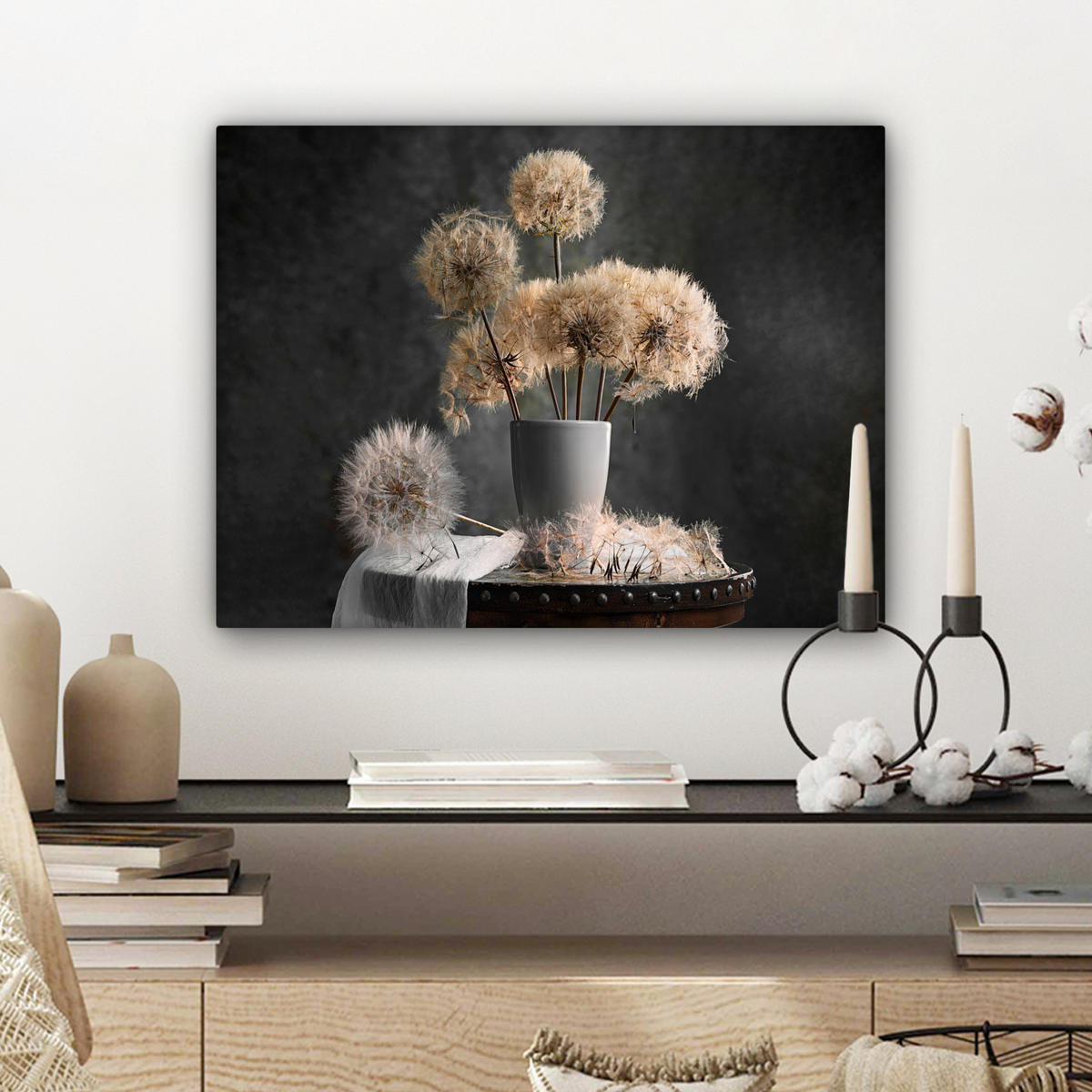 LEINWANDBILD Blumensamen - Löwenzahn - Vase - Stilleben - Blumenstrauß Wandbild 40x30 cm - Dunkelgrau, Textil (40/30cm) - MuchoWow