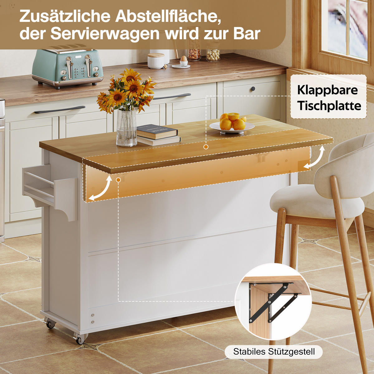 KÜCHENINSEL 140/90,5/43(70) cm Weiß/Natur aus MDF mit klappbarer Arbeitsplatte - Weiß, Holzwerkstoff (70/90.5/140cm) - OKMYHOME