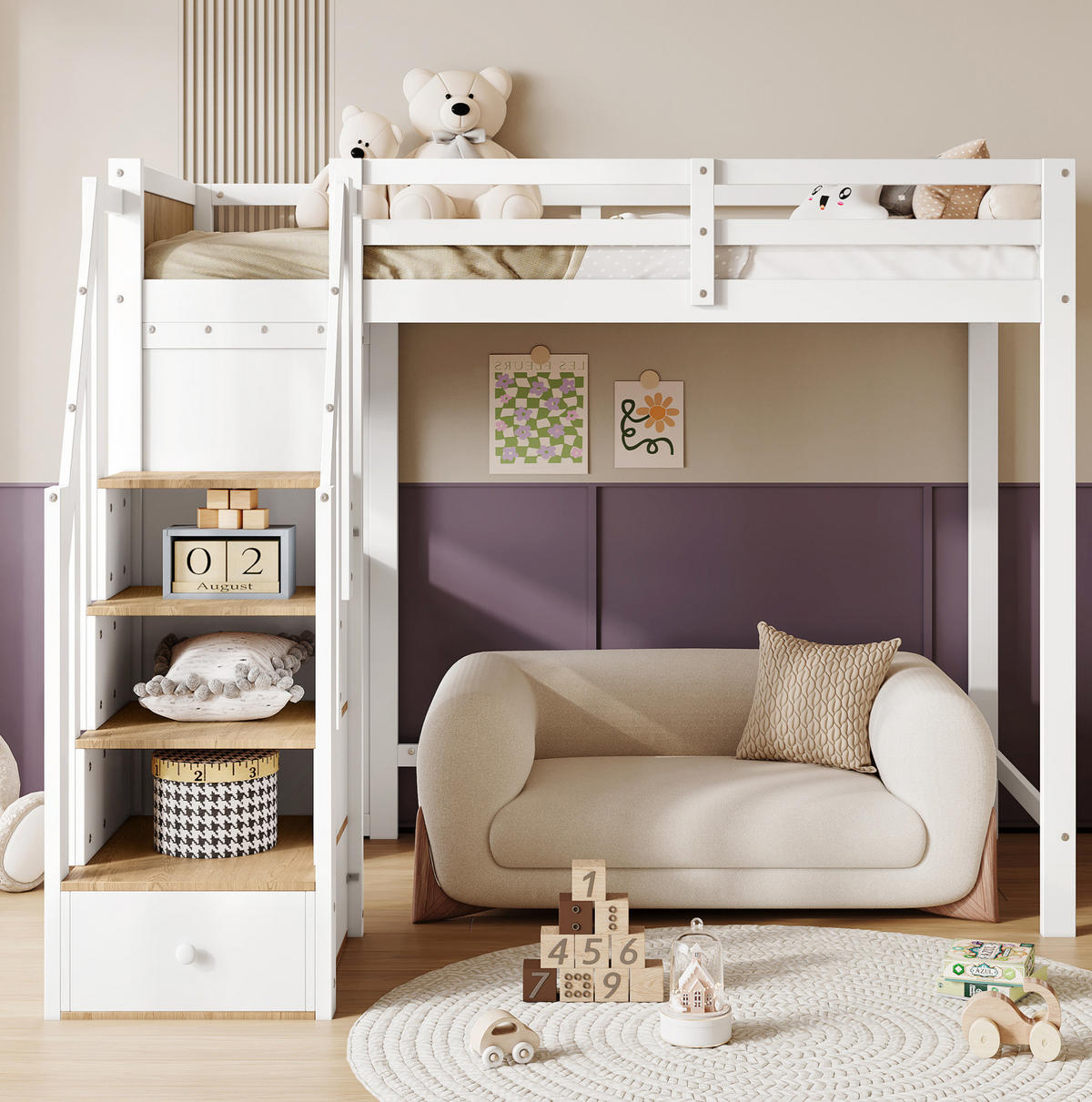HOCHBETT 90/200 cm aus Kiefer und MDF mit Schreibtisch und Stauraumtreppe Weiß/Natur - Weiß, Holz (90/200cm) - Modenvie