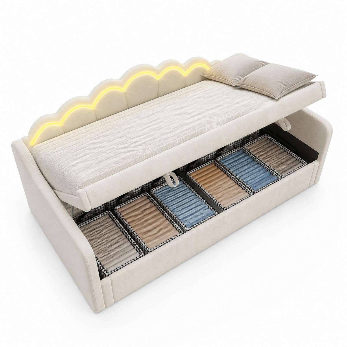 SCHLAFSOFA 90/200 cm in Beige Samt mit Bettkasten und LED - Beige, Holzwerkstoff/Textil (90/200cm) - CHICFURN