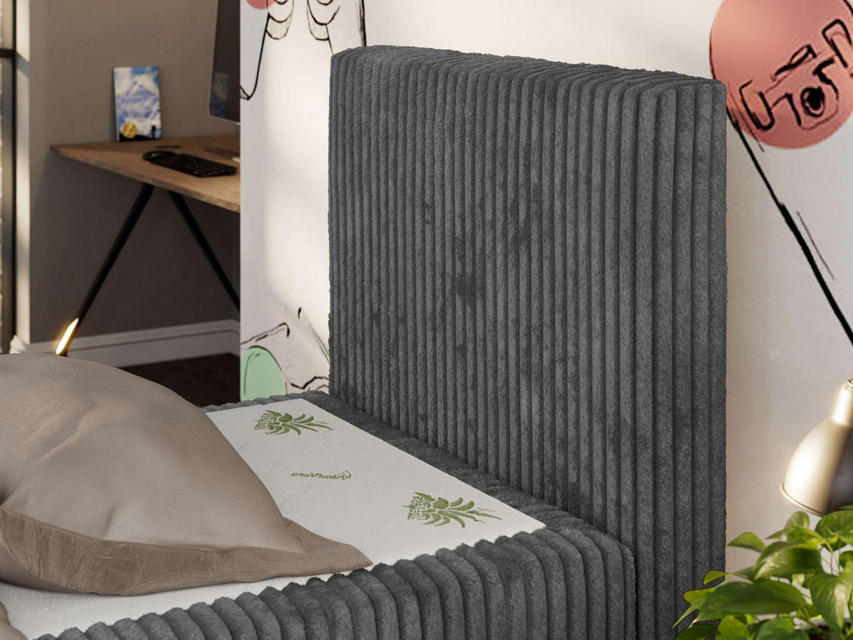JUGENDBETT TILIO DUO 90/200 - Grau Cord - H3 - Rechts Seite - Grau, Textil (90/200cm) - MKS