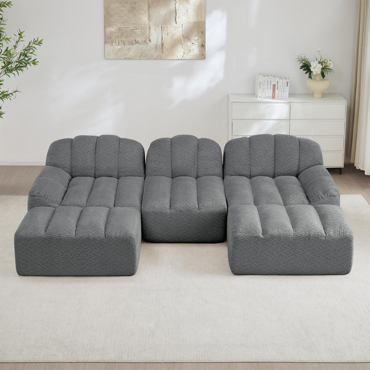 WOHNLANDSCHAFT Granulierter Fleece Grau mit 2 Ottomanen - Grau, Textil (188/79/165cm) - WISHDOR