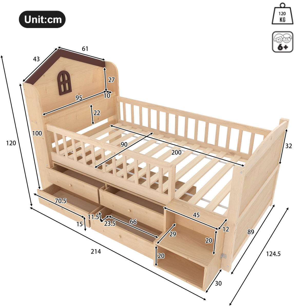 KINDERBETT 90/200 cm in Natur mit 4 Schubladen, LED und Regal - Naturfarben, Holz/Holzwerkstoff (90/200cm) - WISHDOR