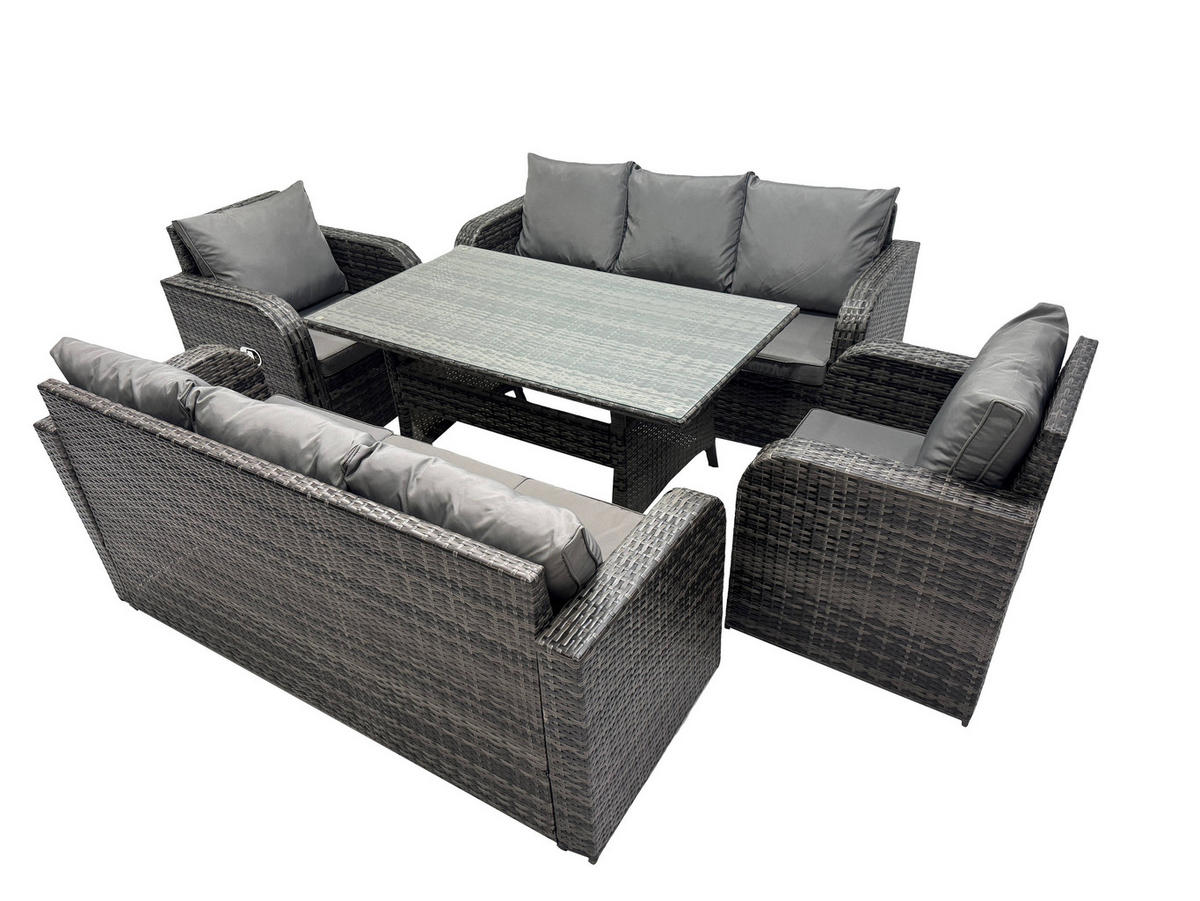 LOUNGEGARNITUR mit Esstisch Polyrattan Dunkelgrau 8-Sitzer - Dunkelgrau/Grau, Glas/Kunststoff - Fimous