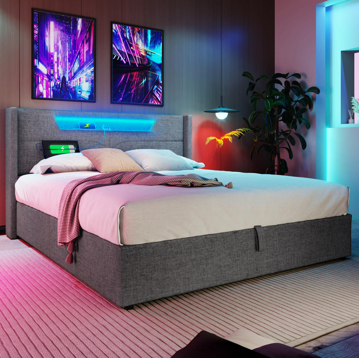 POLSTERBETT 160/200 cm mit LED-Beleuchtung, USB- und Type-C-Anschluss sowie Bettkasten, Grau - Grau, Textil (160/200cm) - Redom