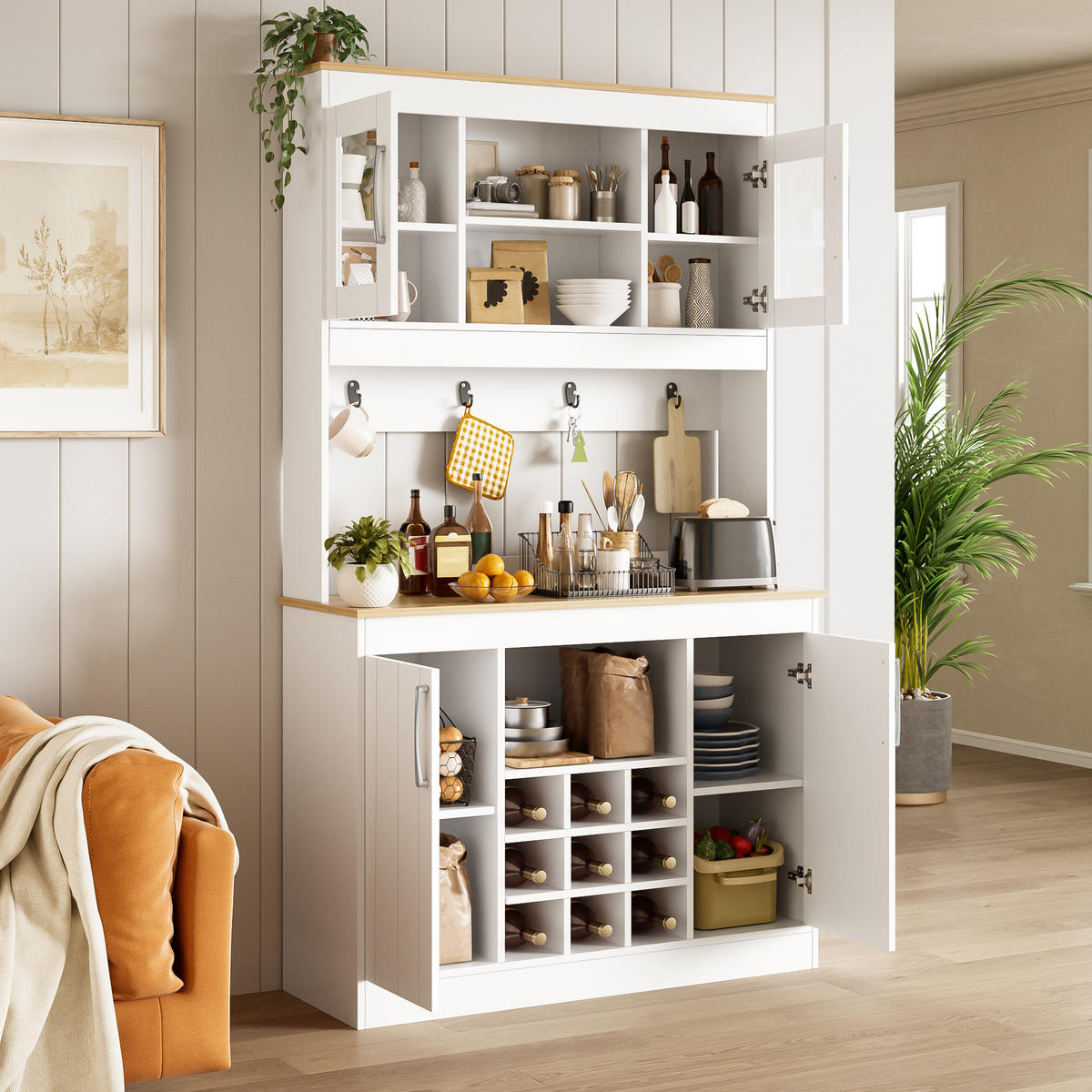 BUFFET Weiß Naturfarben 106/39/175 cm Glastüren Weinregal - Naturfarben, Holz (106/175/39cm) - PANGIVO