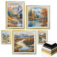 WANDBILDER 5er Set - 50x50 cm & 20x30 cm & 40x60 cm Goldrahmen - Berglandschaft, Flusshütten - Goldfarben, Kunststoff (40/60cm) - ArtPrintCave