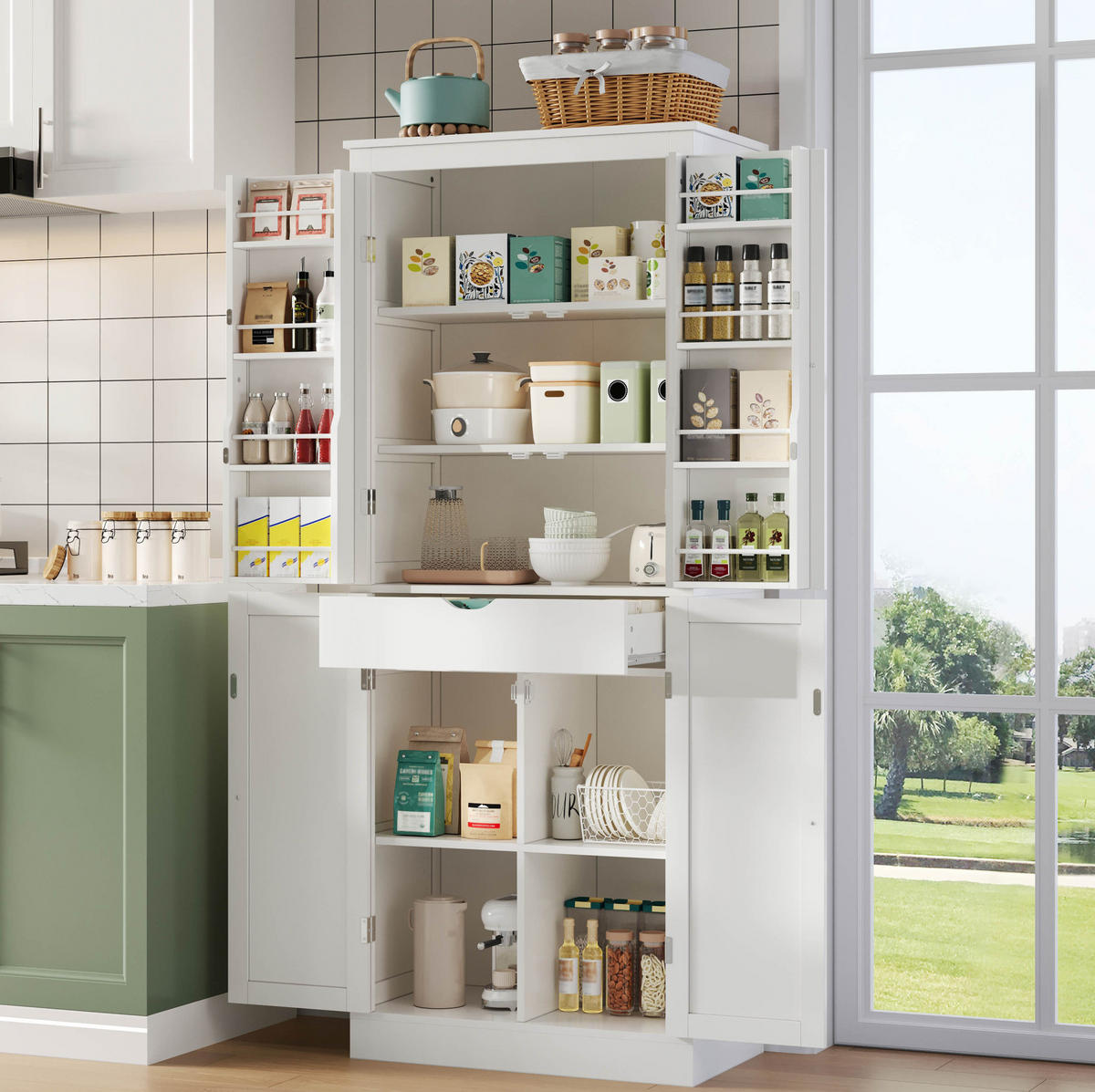 BUFFET 75/40/182 cm aus MDF mit versteckter Schublade und Türablagen Weiß - Weiß, Holzwerkstoff (75/180/40cm) - Modenvie
