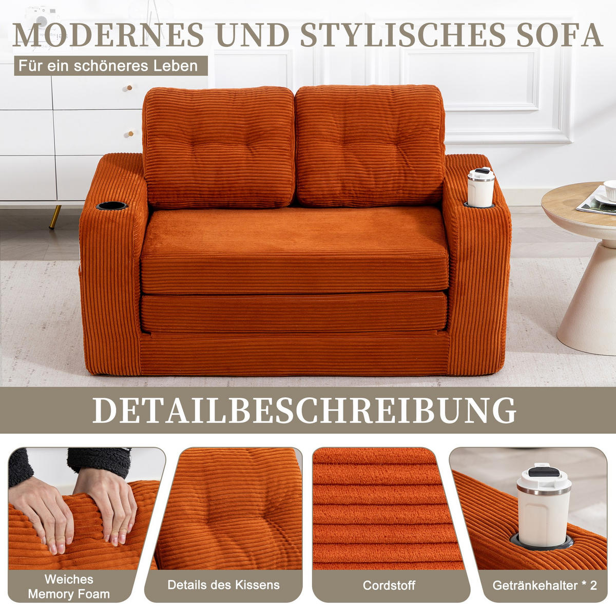 SCHLAFSOFA 2-Sitzer Sofa mit 2 Zierkissen,Lounge Sofa,Polstersofa,Cord,Orange - Orange, Textil (136/82.5/80cm) - LVHOM
