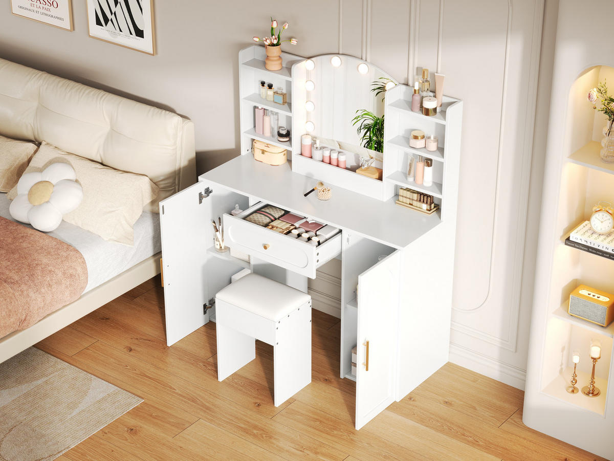 GROSSER Schminktisch mit LED-Spiegel, dimmbar, inkl. Hocker, 1 Schublade & 2 Türen, modern, Weiß, 110x40x132 cm - Weiß, Holz (40/132/110cm) - Ej. Life