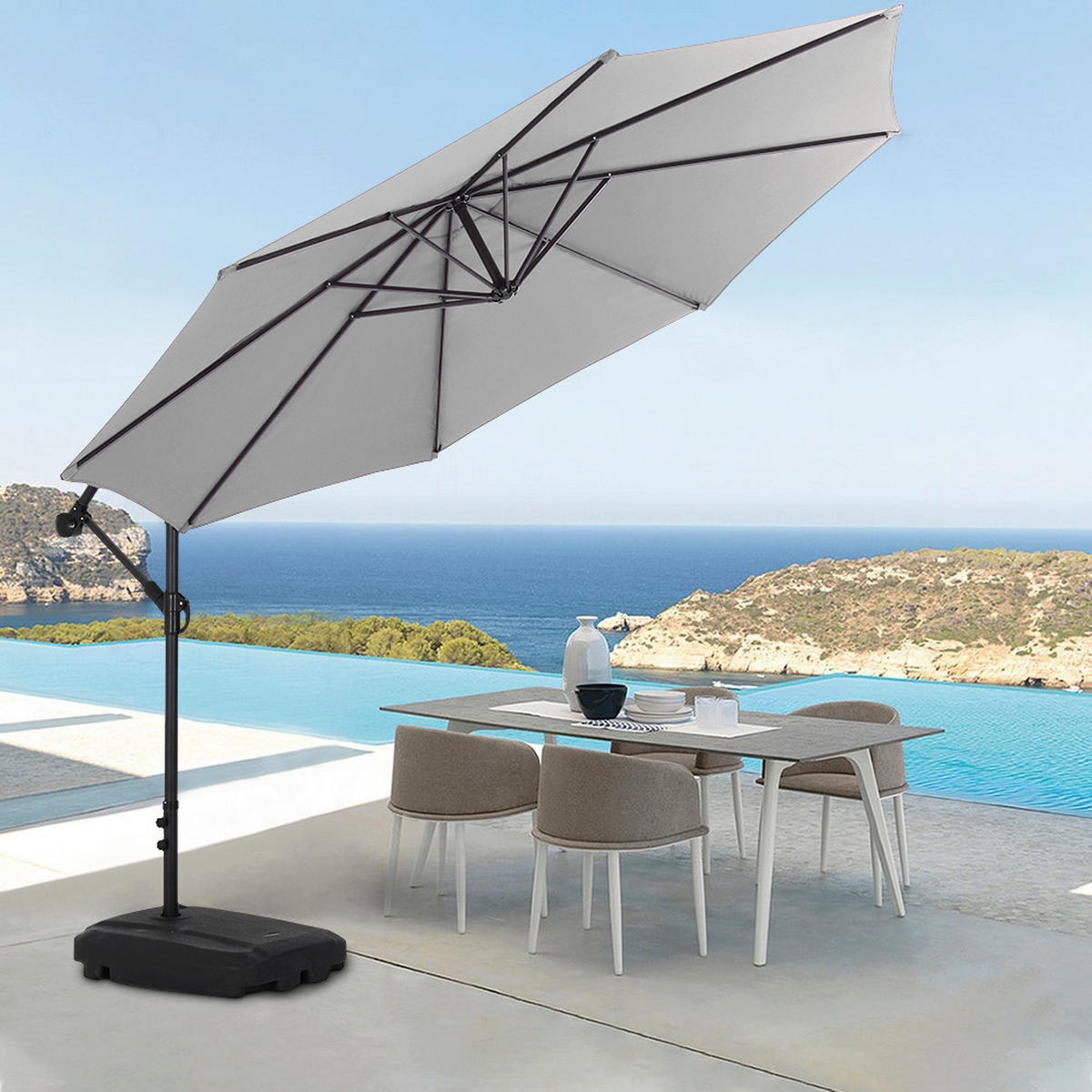 AMPELSCHIRM aus Polyester Metall in Hellgrau und befüllbarer Kunststoff-Sockel mit dem Rollen drehbar 360° neigbar 60° 3 x 2.6m - Grau, Metall (300/240cm) - Livingandhome