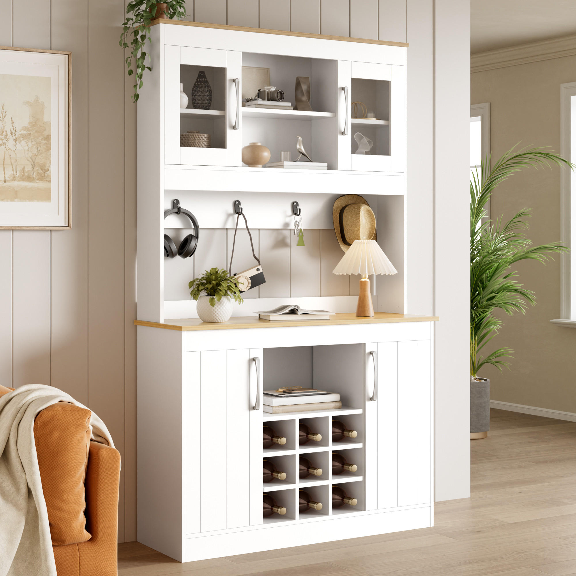KÜCHENBUFFET 106x39x175 cm, Glastüren, Weinregal, Hakenleiste, Natur/Weiß - Naturfarben, Holzwerkstoff (106/175/39cm) - FOHERE