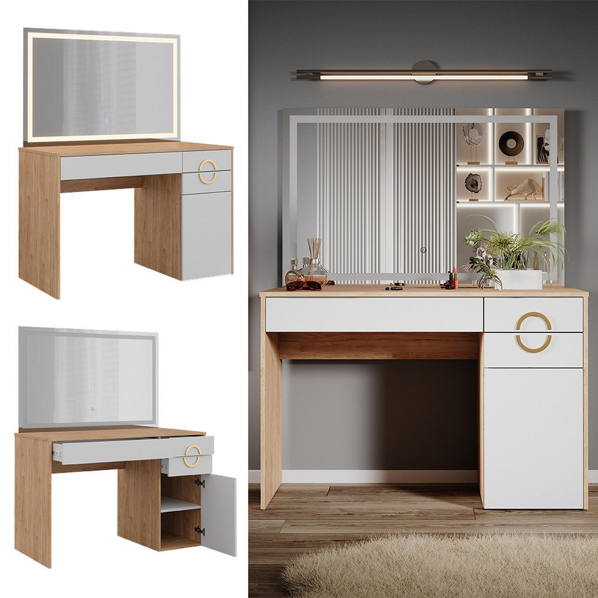 SCHMINKTISCH Adela Natural Rockford Hickory 115 cm mit LED-Spiegel - Weiß/Sonoma Eiche, Holzwerkstoff (115/76.4/55cm) - Vicco