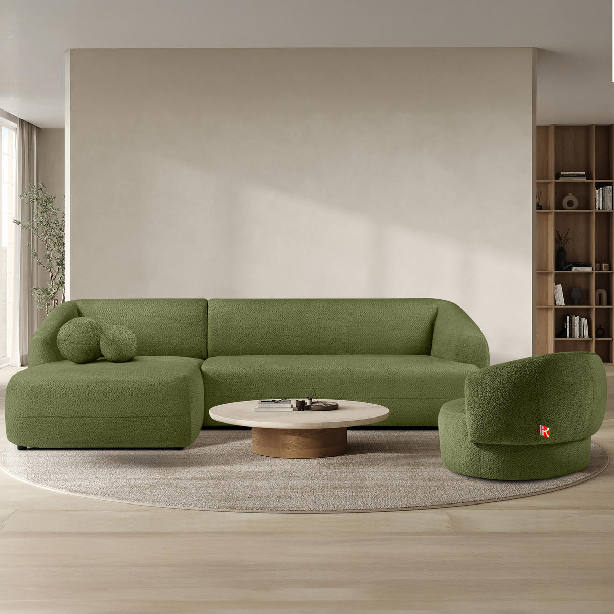ECKSOFA LINKS VIRA, Oliv, Chenille - Schwarz/Olivgrün, Holz/Holzwerkstoff (300/160cm) - KONSIMO®