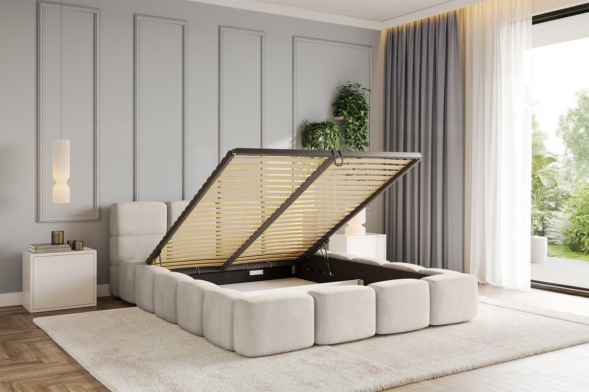 POLSTERBETT mit Bettkasten und Lattenrost, Bett mit Matratze H3/H4, Kopfteil, Boxbett, Doppelbett mit Stauraum - NATA-v1 200x200 Beige - Beige, Holzwerkstoff/Textil (200/200cm) - ALTDECOR