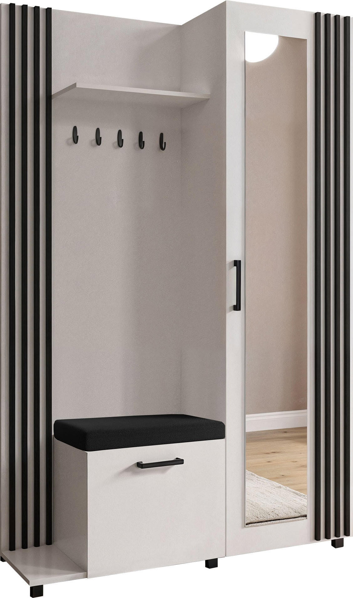 GARDEROBE Linaro mit Spiegel, Sitzbank in Lamellen-Optik 137/207/42 cm, Links - Multicolor/Schwarz, Holzwerkstoff (137/207/42cm) - WFL GROUP