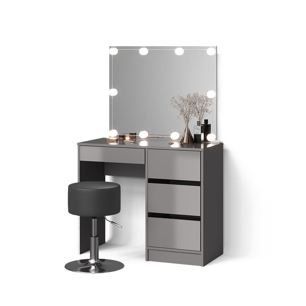 SCHMINKTISCH Imola Grau mit LED Beleuchtung und Hocker - Grau, Holzwerkstoff (90/75/40cm) - Livinity®